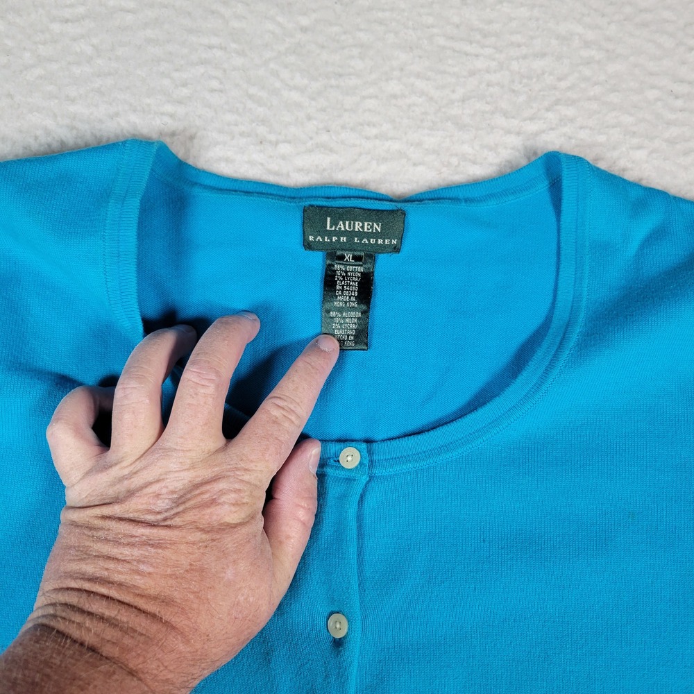 Lauren Ralph Lauren Cardigan Mens XL Blue 3/4 Sleeve Button Front Cotton Knit